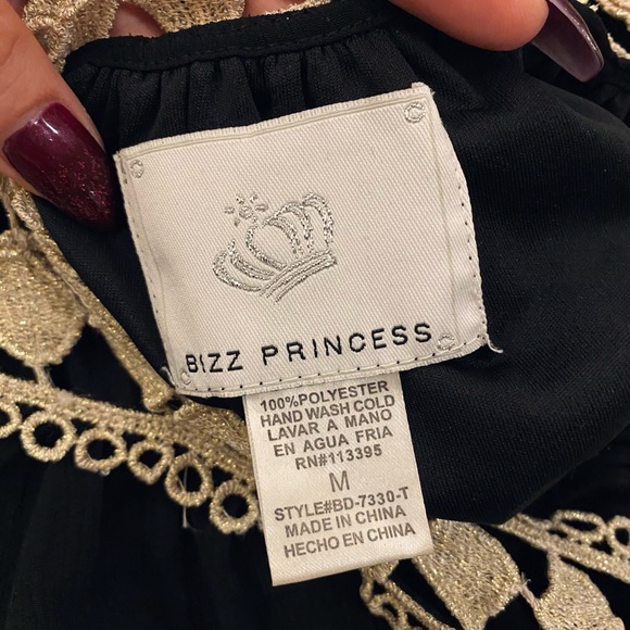 biz princess black sheer blouse with gold lace trim / size medium - Picture 5 of 5